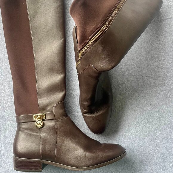 Michael Kors Brown Leather Riding Boots with Gold MK Charm – Size 9M - Picture 1 of 12